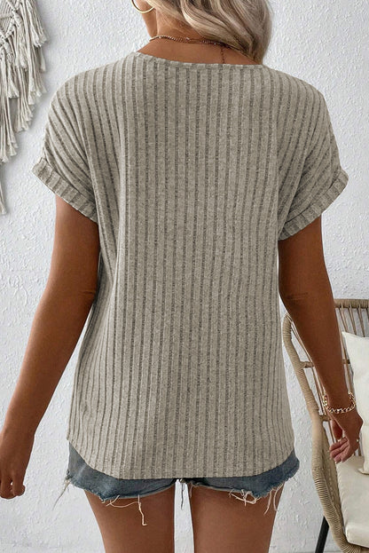 Ribbed Notched V-Neck Buttoned T-Shirt