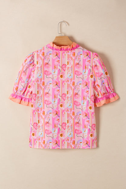 Floral Poppy Stripe Colorblock V-Neck Short Sleeve Blouse