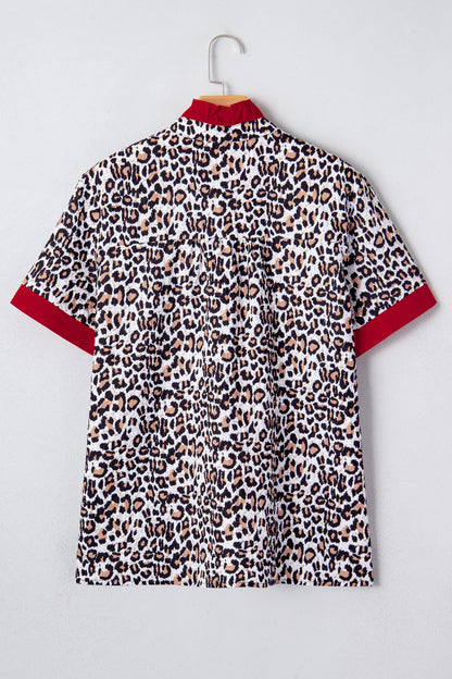 Leopard Contrast Trim Frilled V-Neck Shirt