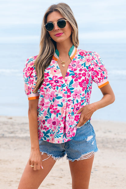 Floral Contrast Stripe Short Sleeve Blouse