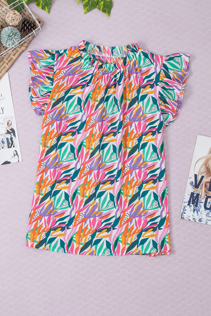 Abstract Floral Ruffle Flutter Sleeve Blouse