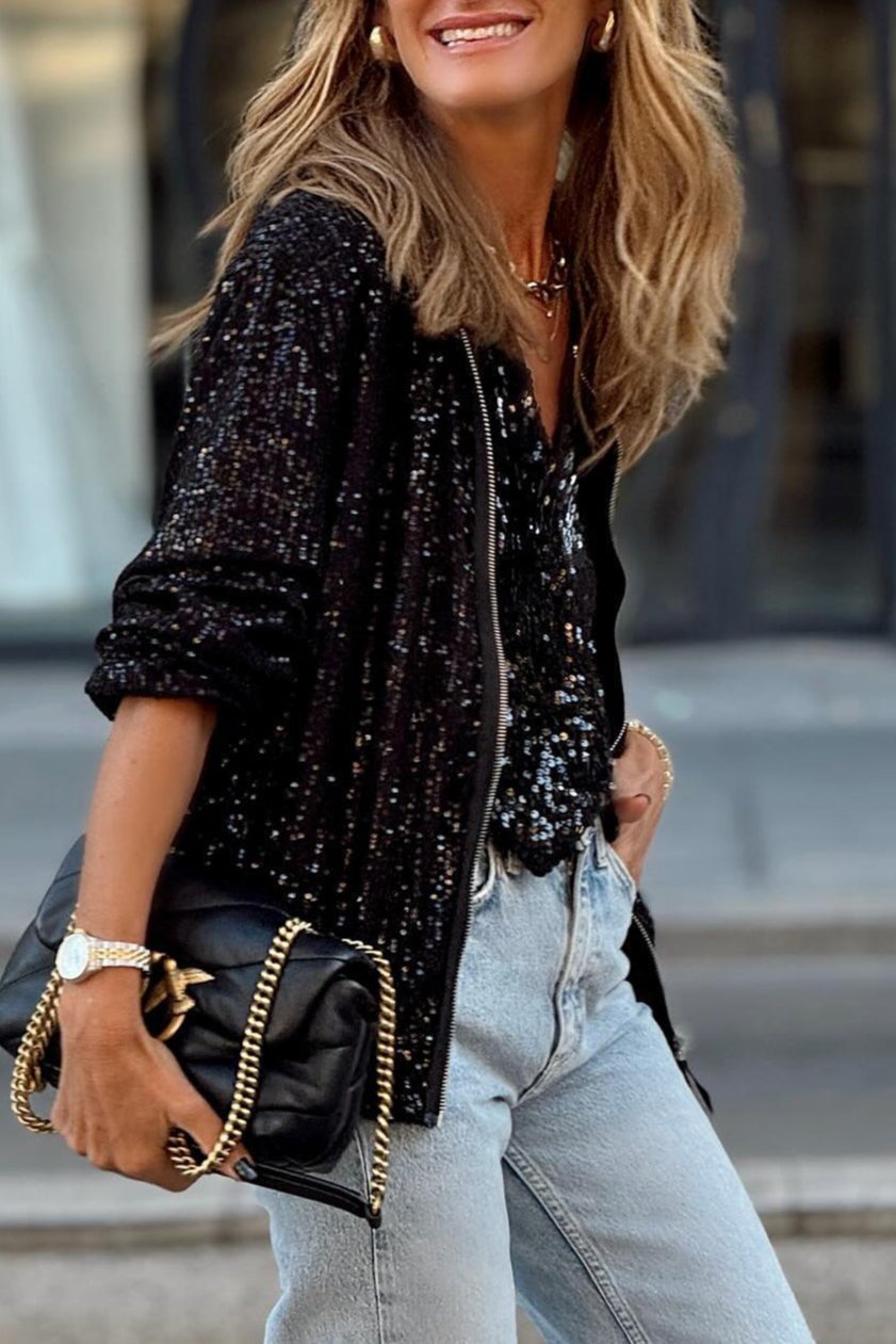 Sequin Round Neck Zipped Jacket