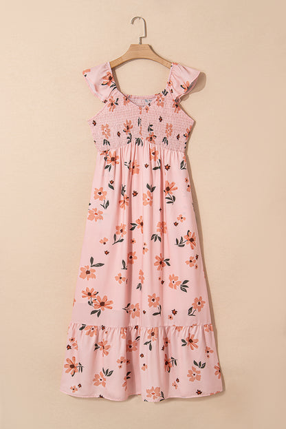 Floral V-Neck Smocked Ruffle Hem Maxi Dress