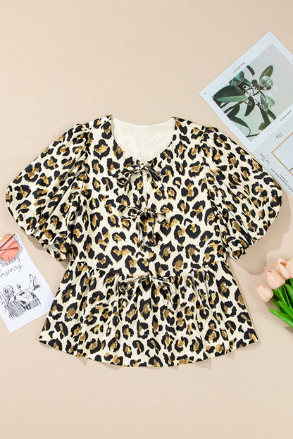 Leopard Bubble Sleeve Peplum Blouse