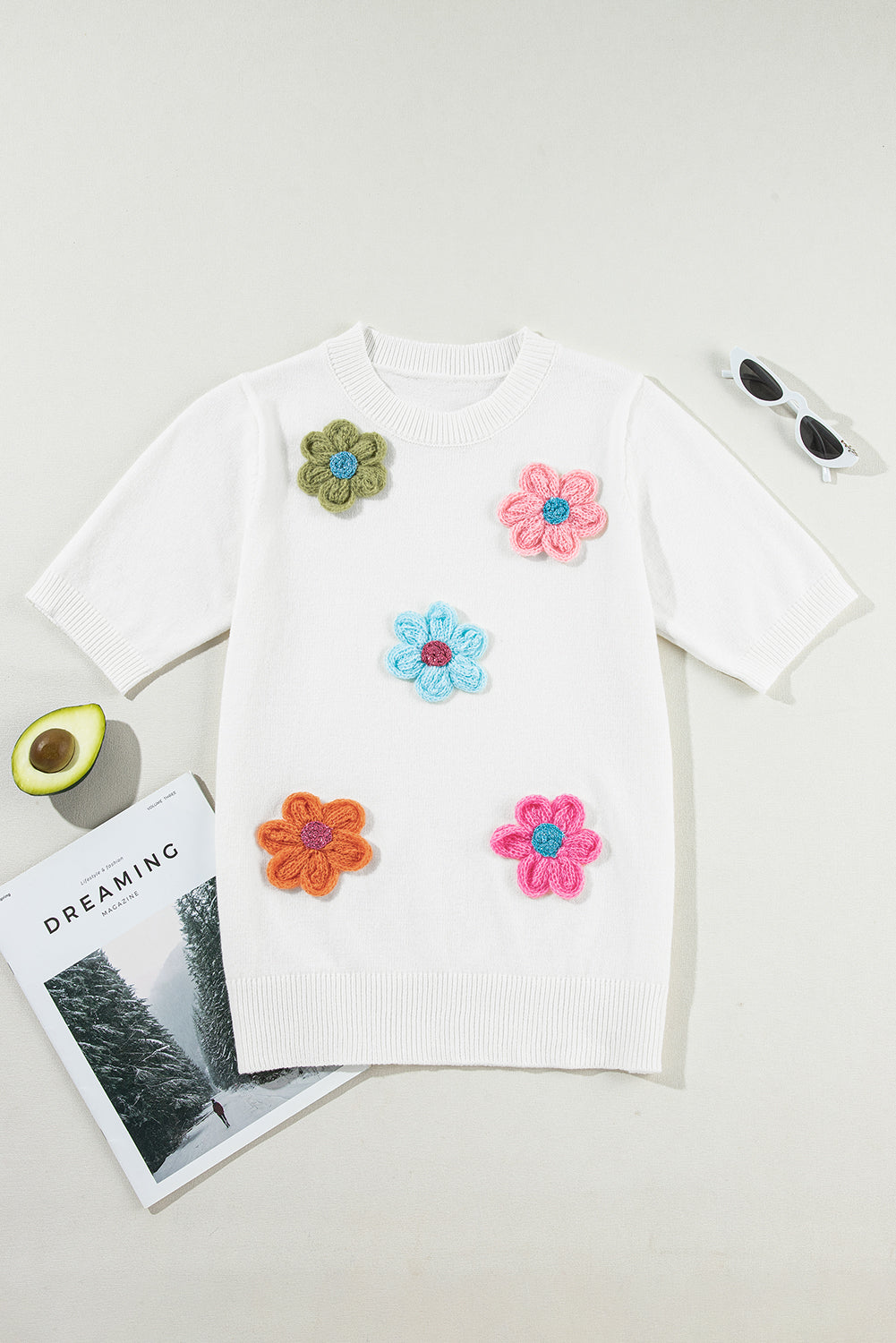 Floral Applique Short Sleeve Sweater