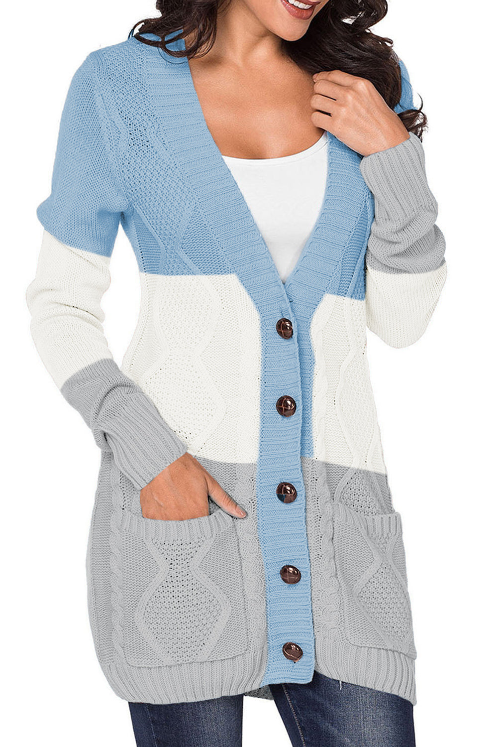 Cable Button Front Pocketed Cardigan