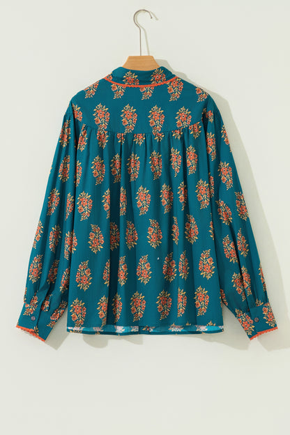 Plus Size Floral Lace Trim Pleated Buttoned Shirt