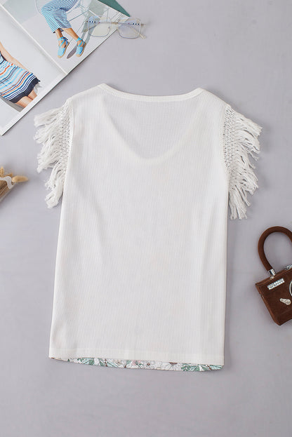 Floral Colorblock Crochet Fringe Top