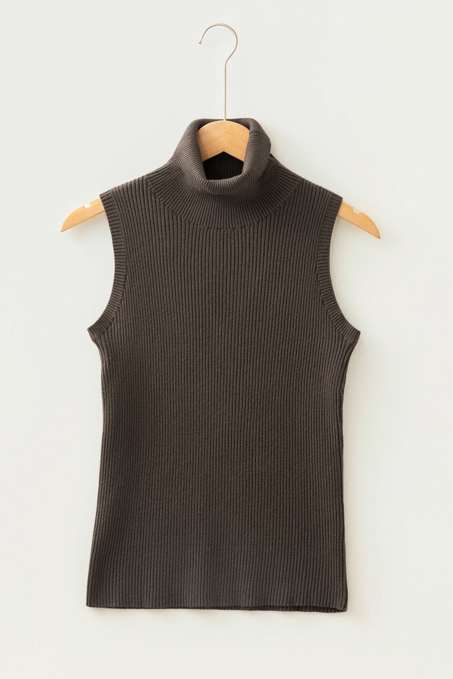 Solid Ribbed Knit Turtleneck Sleeveless Top