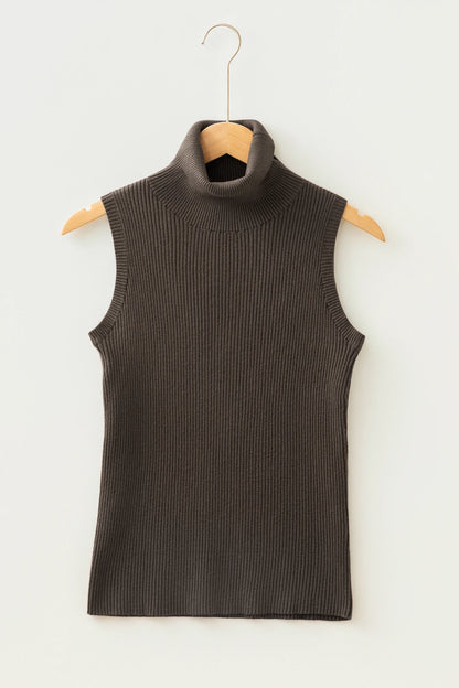 Solid Ribbed Knit Turtleneck Sleeveless Top