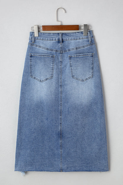 Denim Asymmetrical Distressed Midi Skirt