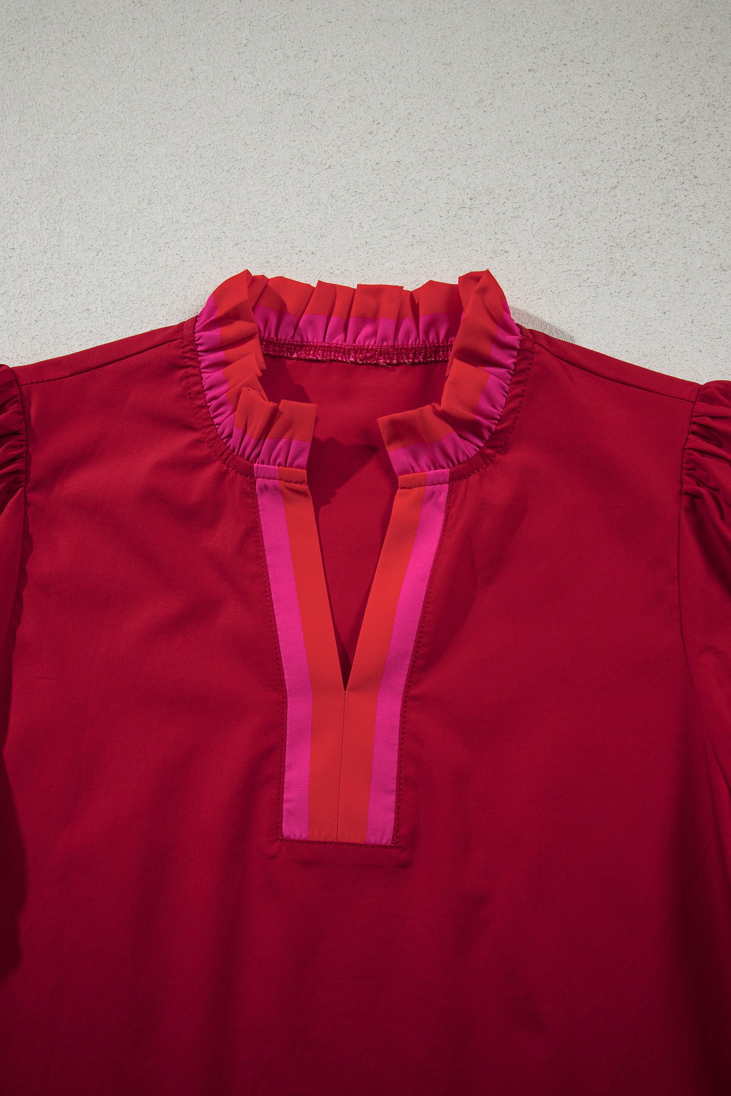 Stripe Frilled V-Neck Ruffle Short Sleeve Blouse