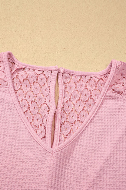 Lace Patchwork Buttoned Cutout Waffle Knit Blouse