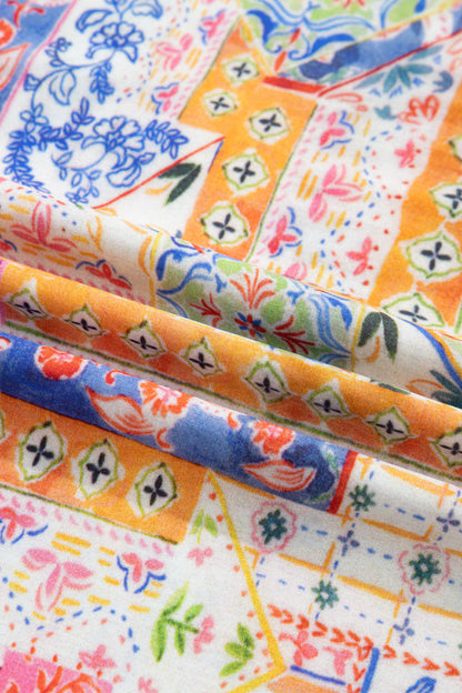 Boho Patchwork Tied V-Neck Short Sleeve Blouse