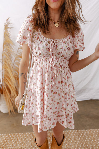 Floral Front Tie Shirred Waist Ruffle Mini Dress