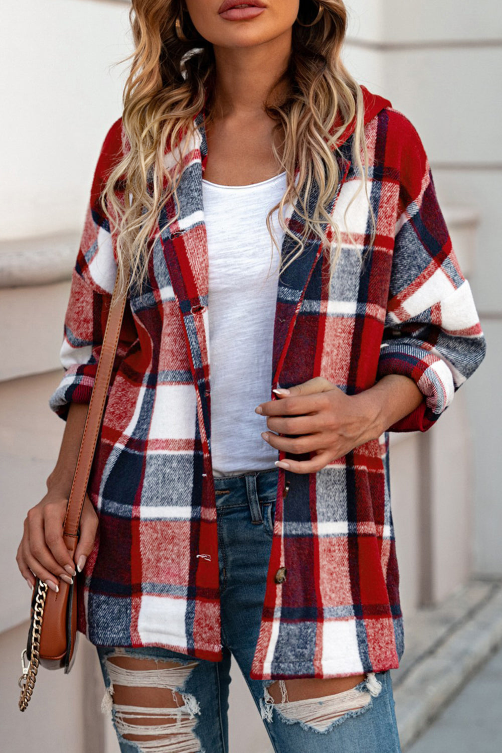 Plaid Button Front Hooded Shacket