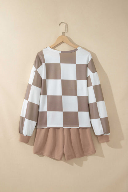 Checker Long Sleeve Top & Drawstring Shorts Set