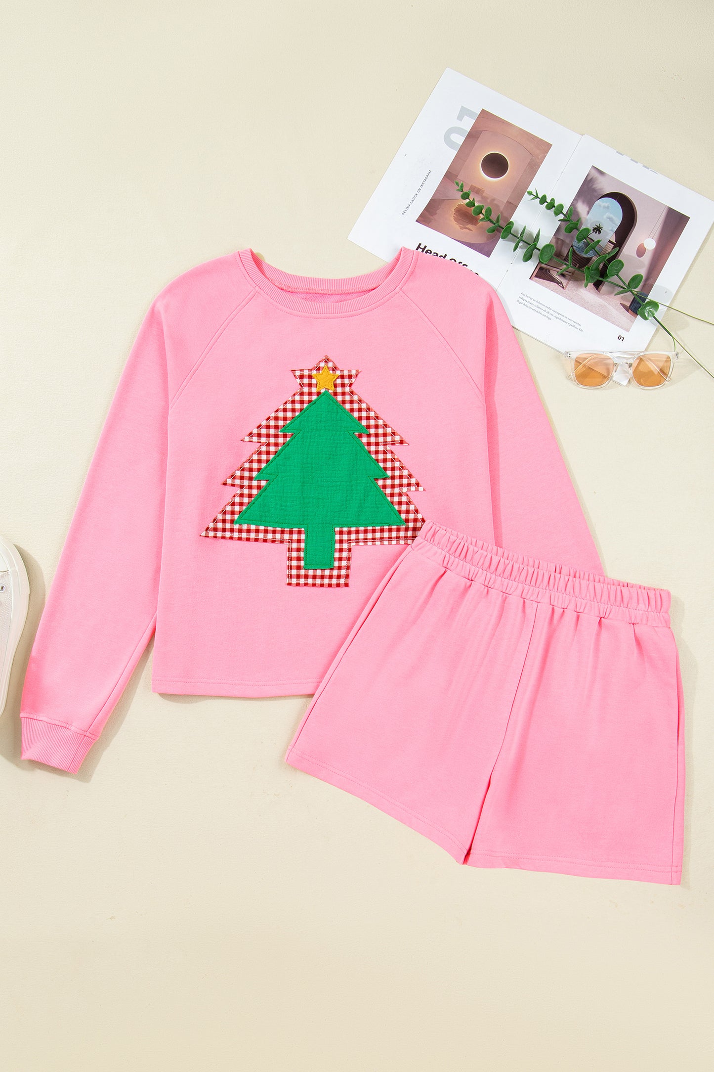 Christmas Tree Plaid Patch Pullover and Short Set