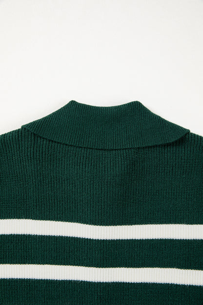 Stripe Ribbed Half-Zip Collar Sleeveless Sweater