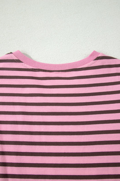 Stripe Ribbed Trim V-Neck Puff Sleeve Top