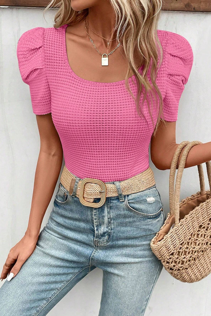 Waffle Ruched Puff Sleeve Top