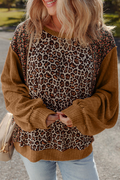 Leopard Floral Patchwork Ribbed Puff Sleeve Top