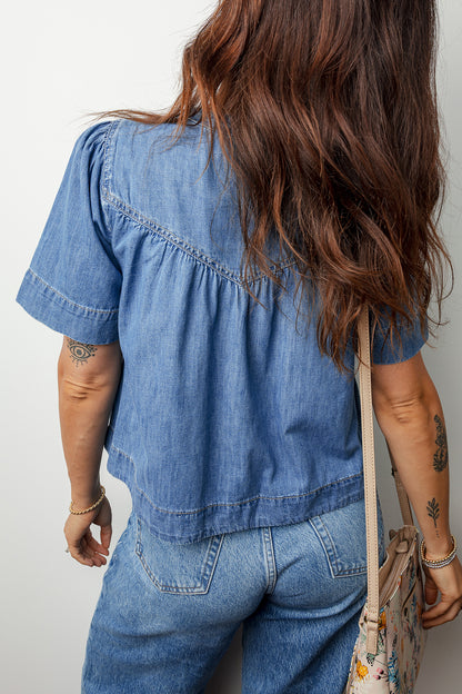 Denim Pleated Half Buttoned Short Sleeve Top
