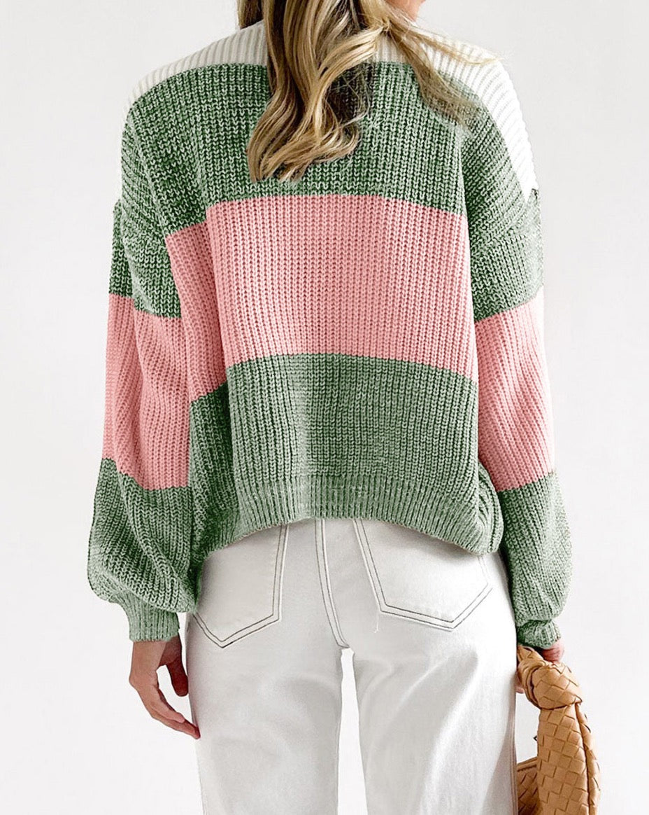 Colorblock Striped Bishop Sleeve Sweater