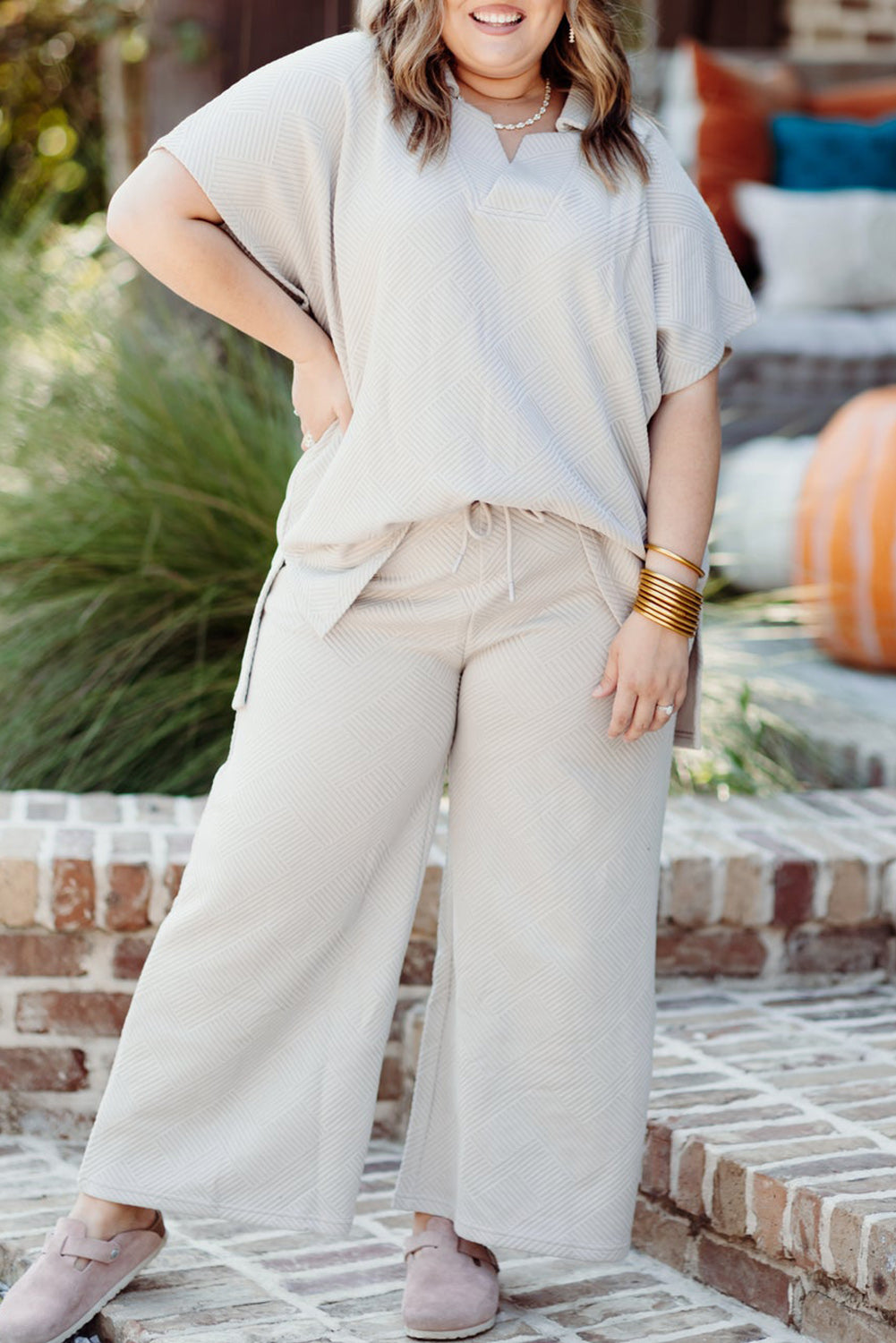 Texture Top and Pants Set Plus Size