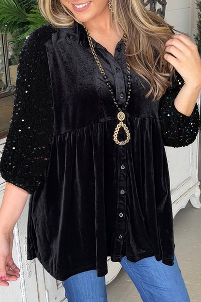 Sequin Buttoned Velvet Peplum Shirt