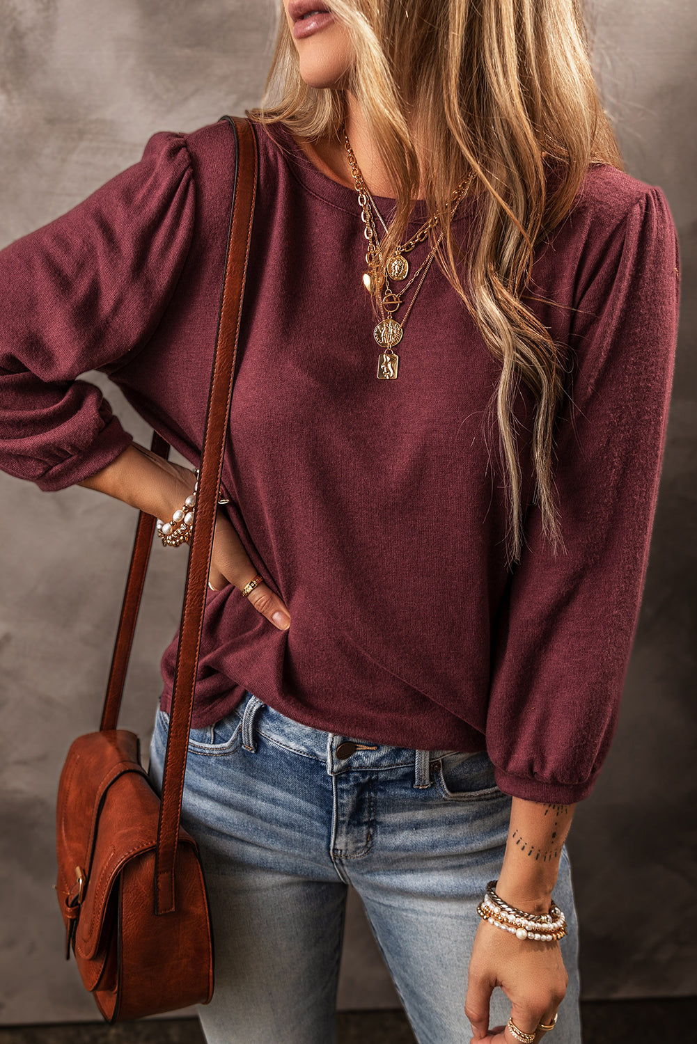 3/4 Puff Sleeve Round Neck Top