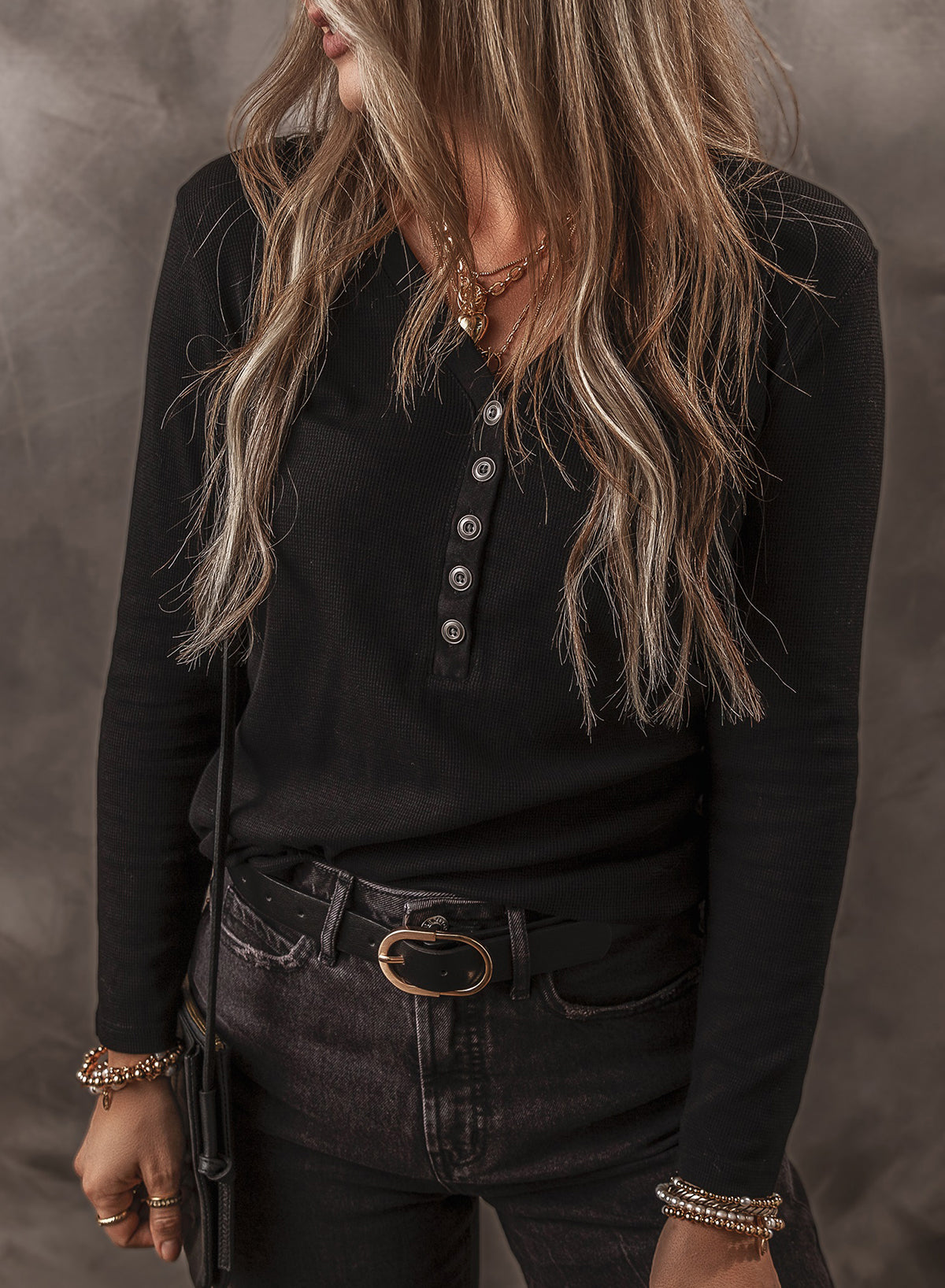 Solid Ribbed V-Neck Buttoned Long Sleeve Top