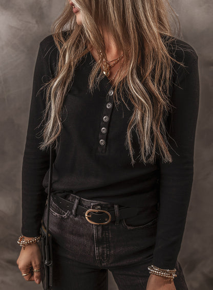 Solid Ribbed V-Neck Buttoned Long Sleeve Top