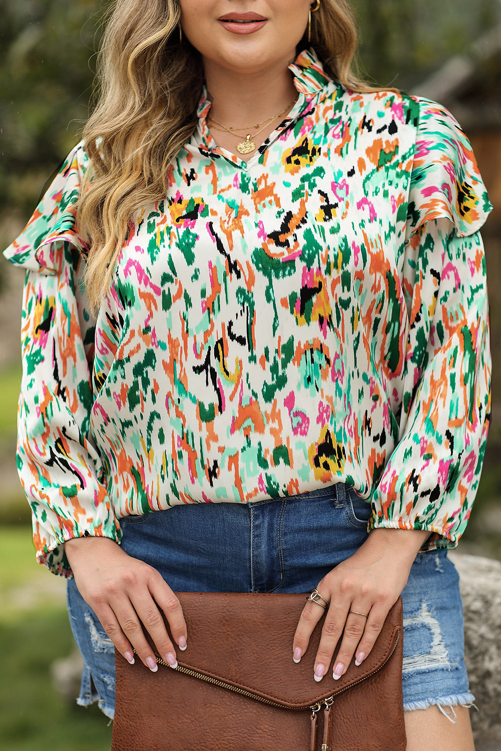 Abstract Ruffle V-Neck Blouse Plus Size