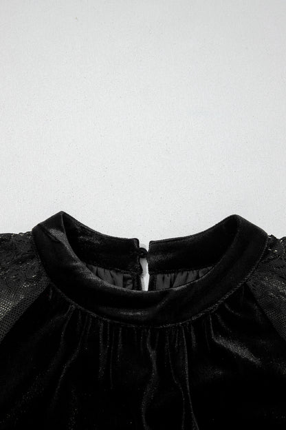 Solid Velvet Patchwork Sheer Lace Long Sleeve Blouse