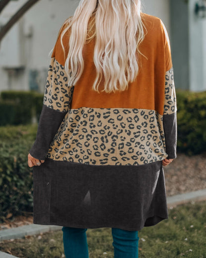 Leopard Colorblock Open Front Cardigan