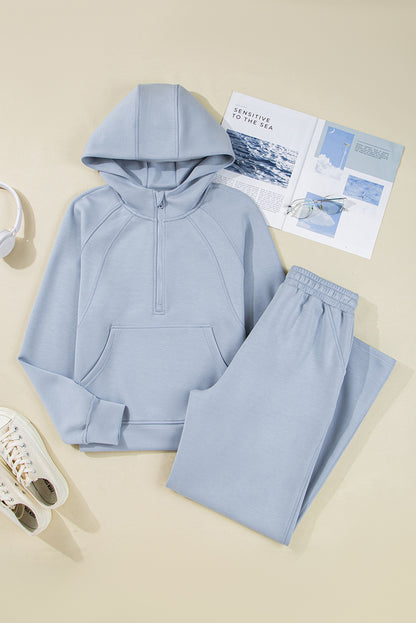 Solid Half-Zip Hoodie and Pants Set