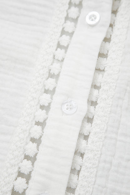 Solid Crinkle Textured Lace Trim Buttoned Shirt