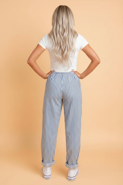 Stripe High Waist Drawstring Loose Pants