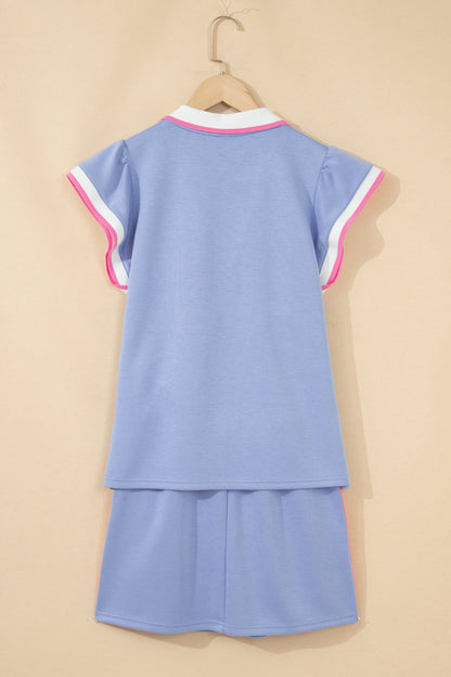 Stripe Trim Polo Tee & Drawstring Skirt Set