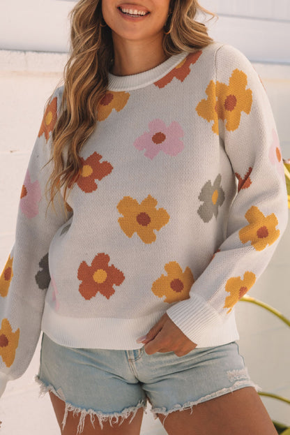 Floral Rib Trim Crewneck Sweater