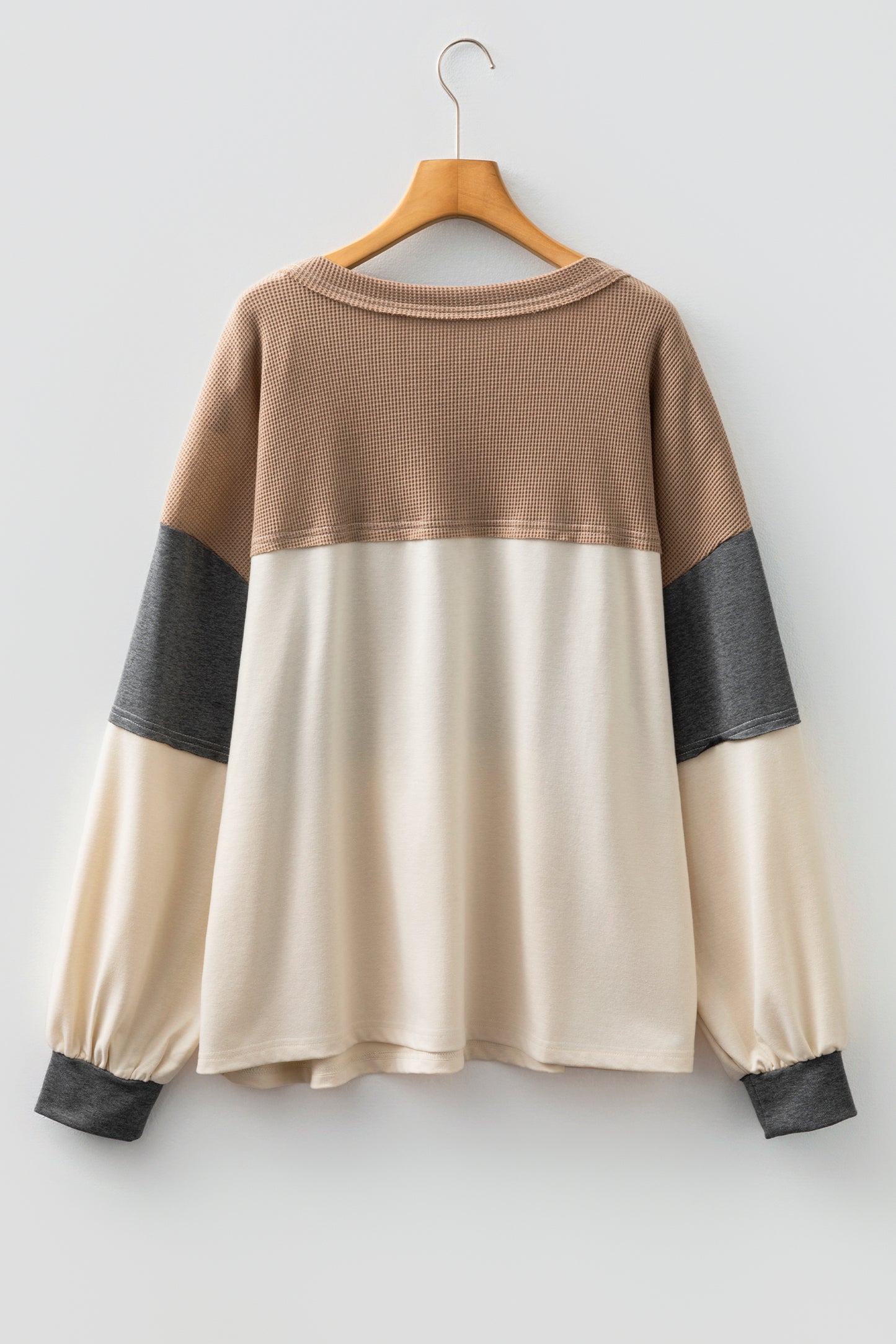 Plus Size Colorblock Waffle Knit Patchwork Half-Button Top