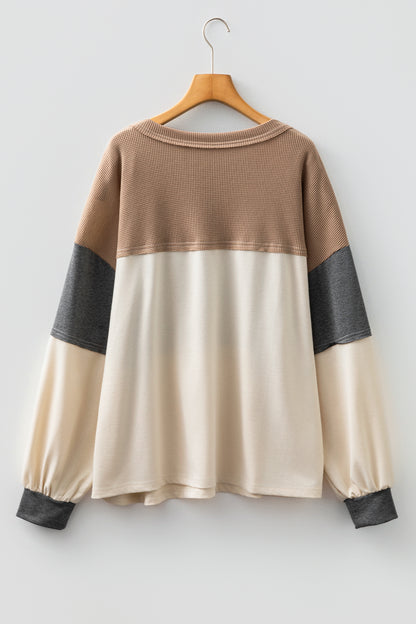 Plus Size Colorblock Waffle Knit Patchwork Half-Button Top