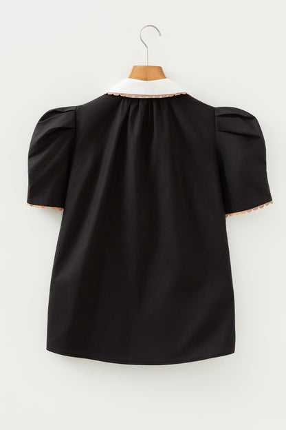 Colorblock Ricrac Trim Collared Short Sleeve Blouse