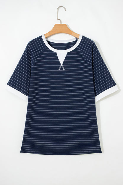 Plus Size Stripe Contrast Trim Ribbed T-Shirt