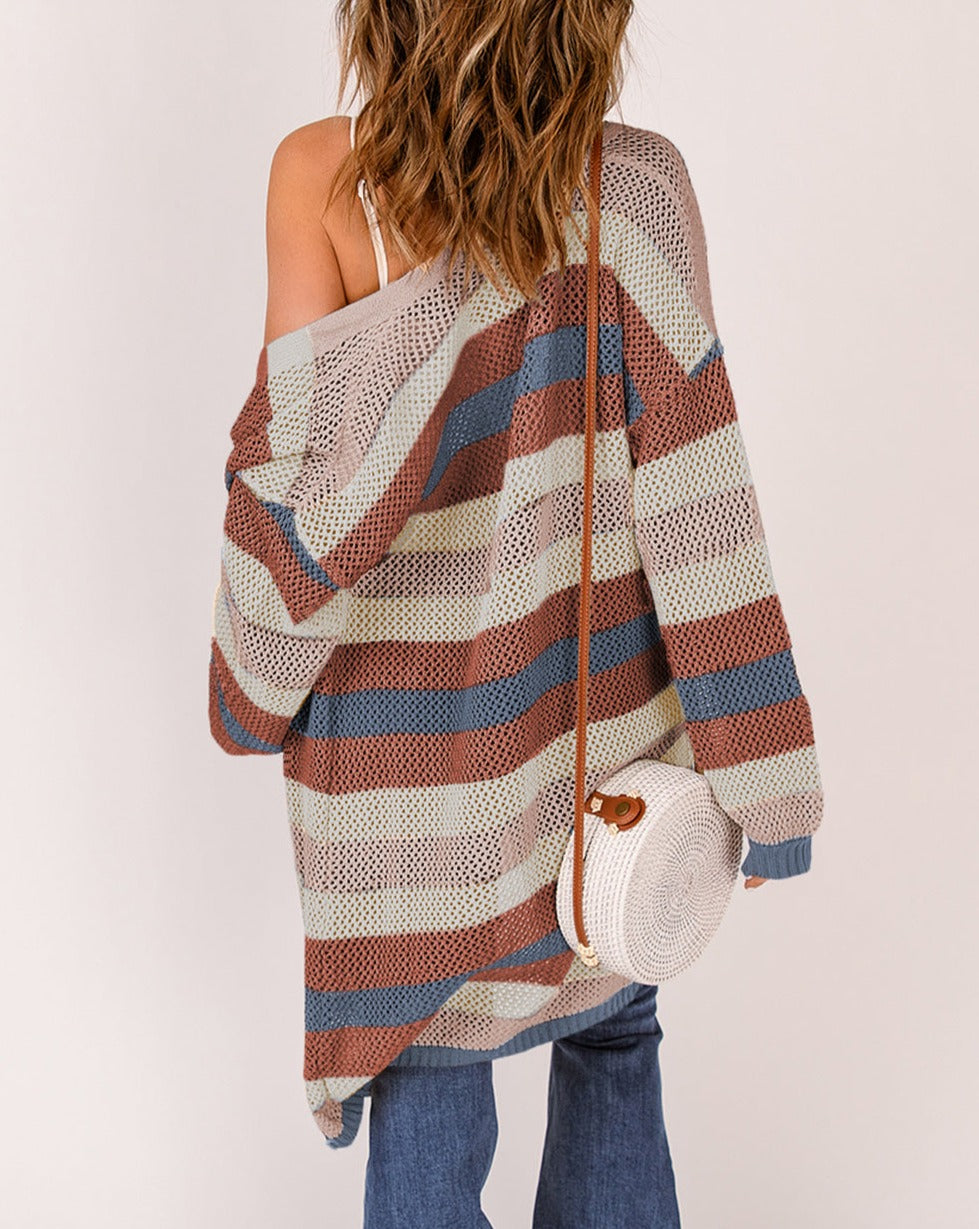 Stripe Colorblock Hollowed Knit Cardigan