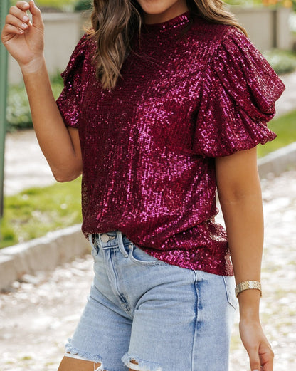 Sequin Short Bubble Sleeve Blouse