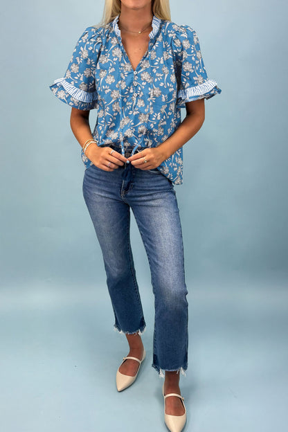 Floral Stripe Trim Tie-Neck Short Sleeve Blouse