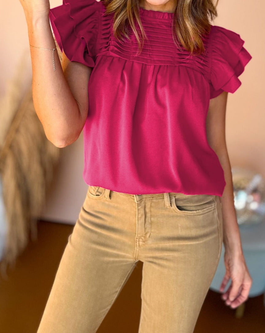 Pleated Ruffle Short Sleeve Blouse