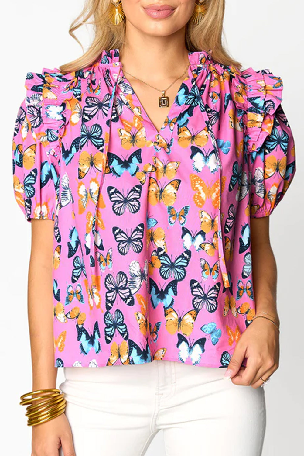 Butterfly Puff Sleeve V-Neck Blouse